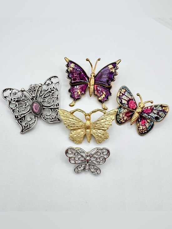 Vintage Jewelry - 5 Piece Vintage Butterfly Brooch Lot Fairycore Insect Bug Spring Summer Garden
